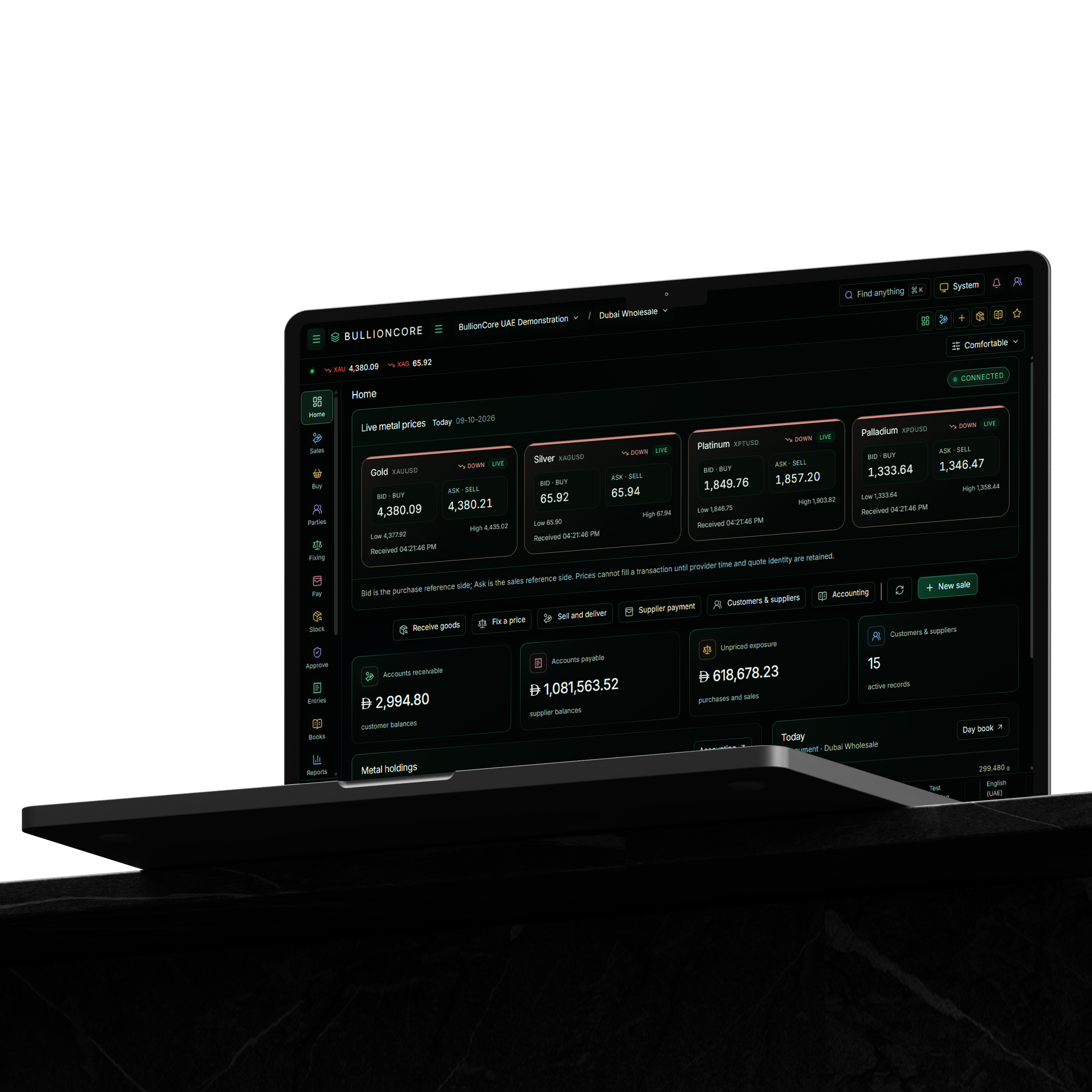 BullionCore Bullion ERP Suite dashboard on a laptop